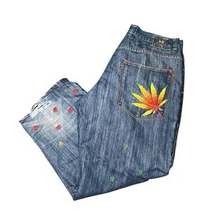 VICTORIOUS Jeans Y2K Weed Pot Leaf 42x32